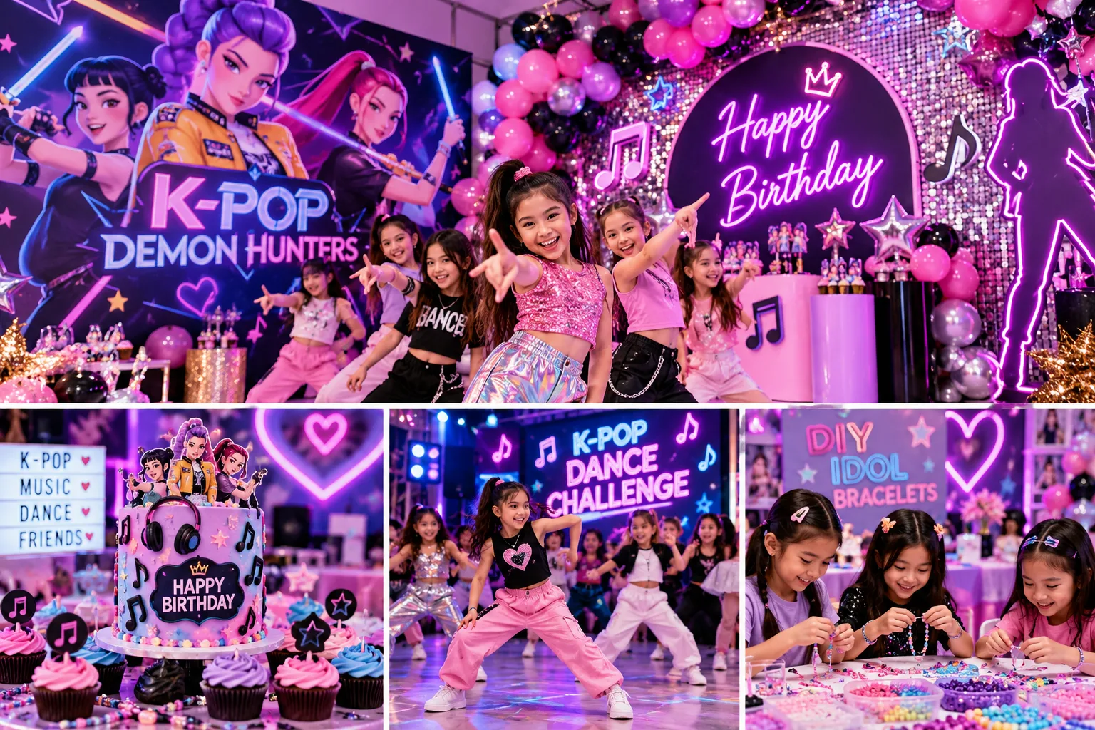 K-pop Demon Hunters birthday party with neon decorations, colourful balloons, themed backdrop, and kids enjoying an exciting dance celebration